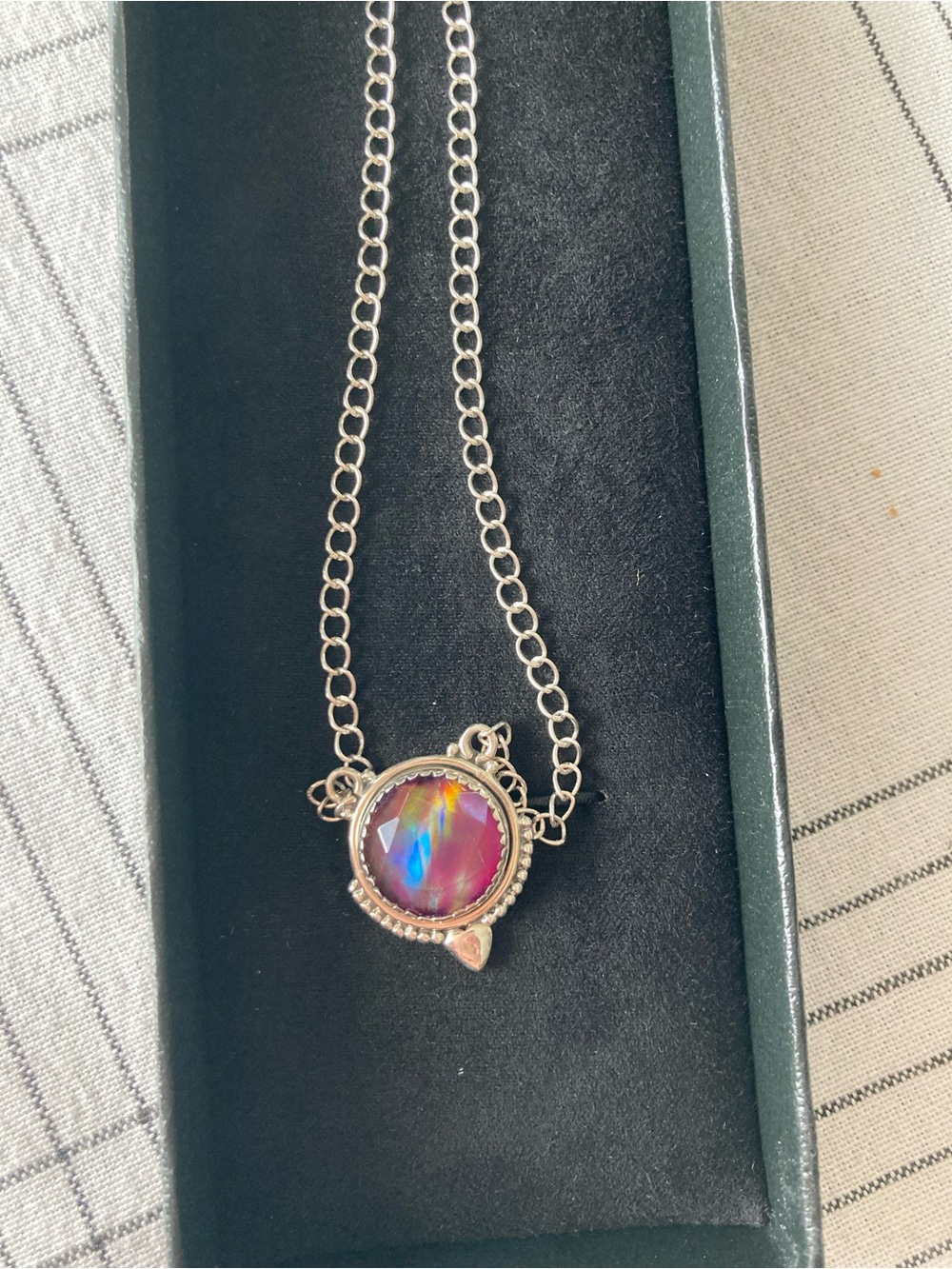 Silver Necklace with Aurora,Opal  Pink Round Pendant